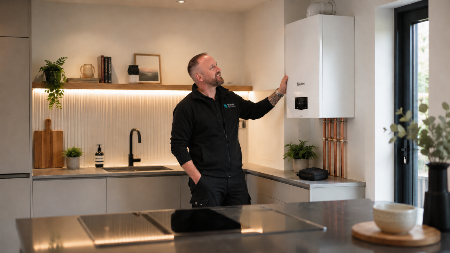 Gas Safe Engineer Chris with boiler
