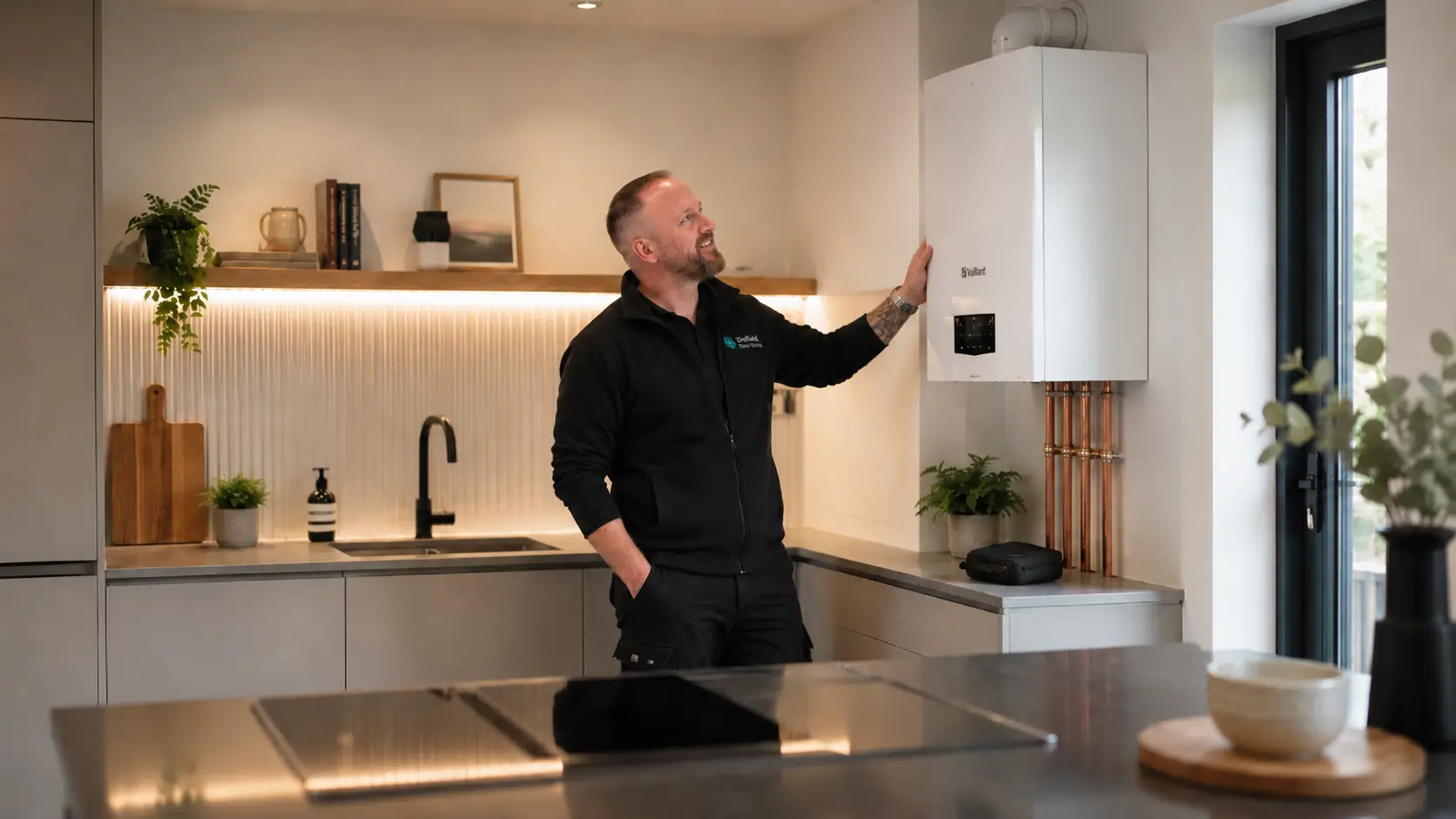 Gas Safe Engineer Chris with boiler